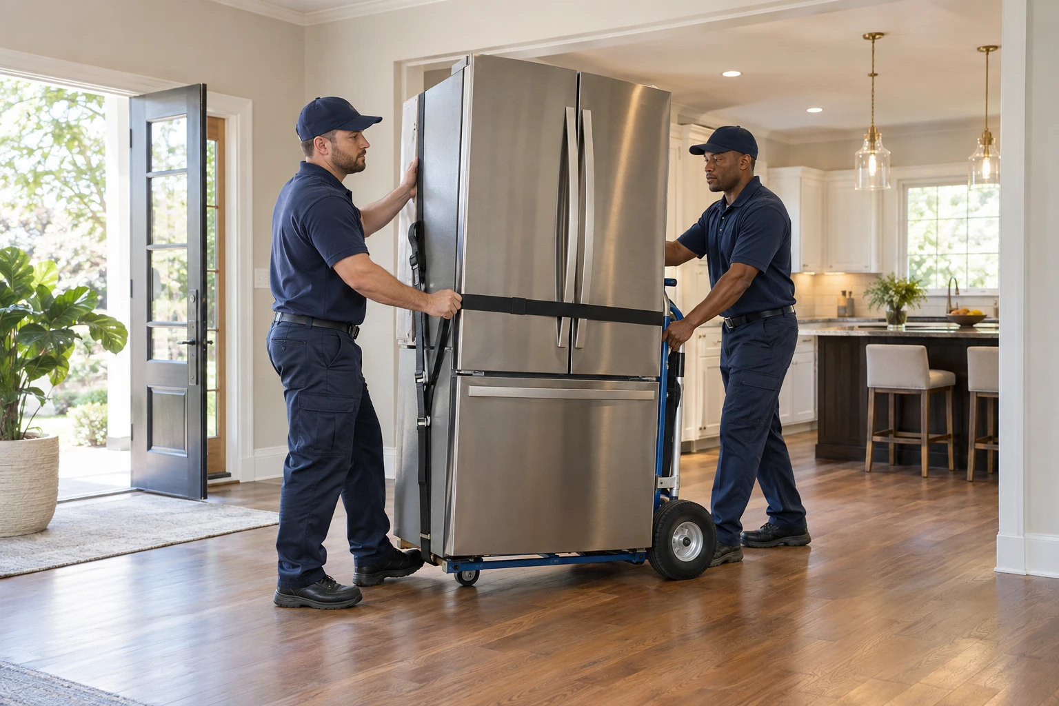 Two movers securing an upright refrigerator on an appliance dolly.