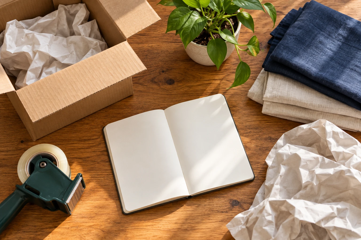 A blank checklist notebook, packing paper, tape and folded linen on a wooden table.
