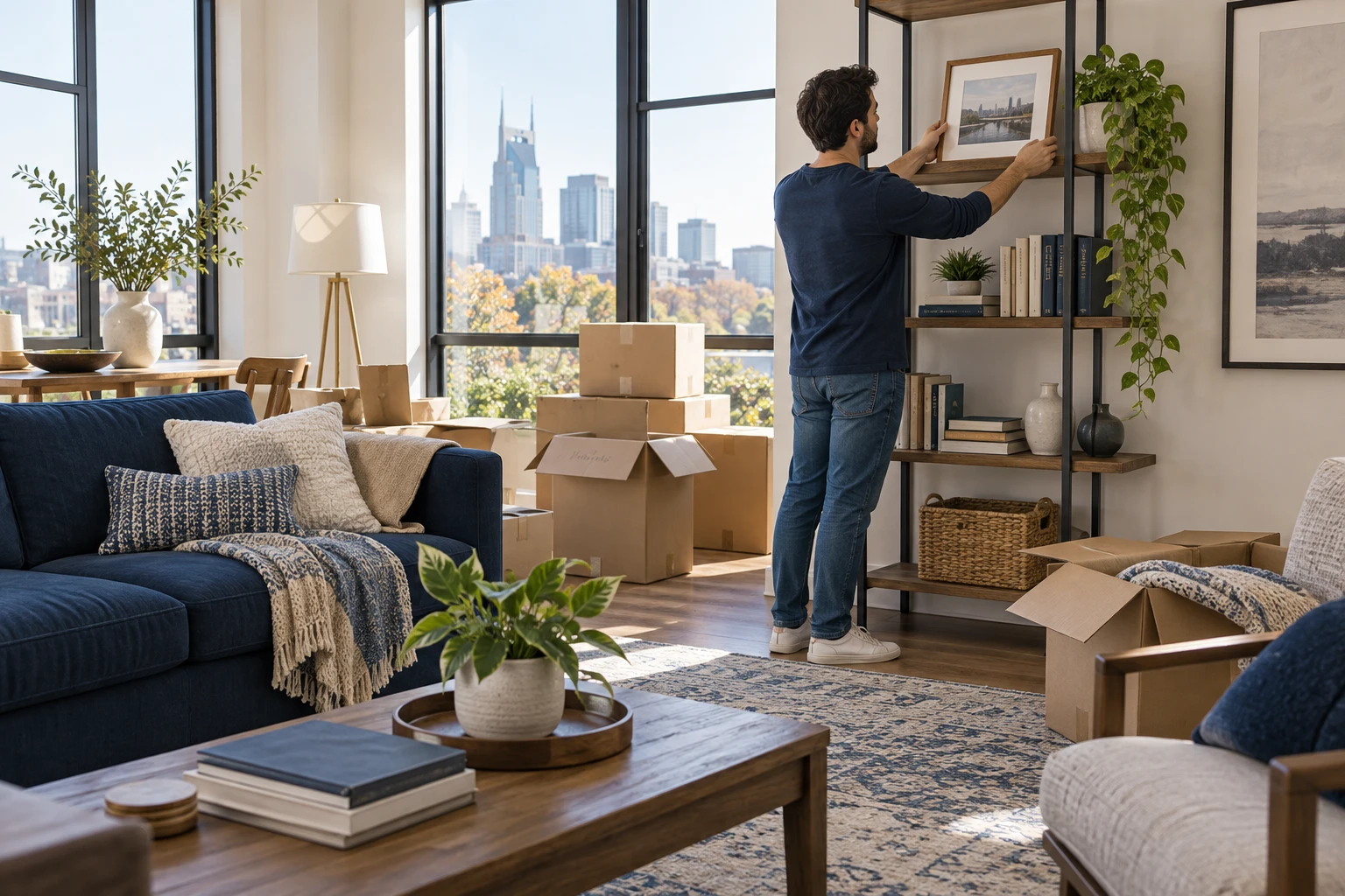 A person arranging a picture while unpacking a bright living room.