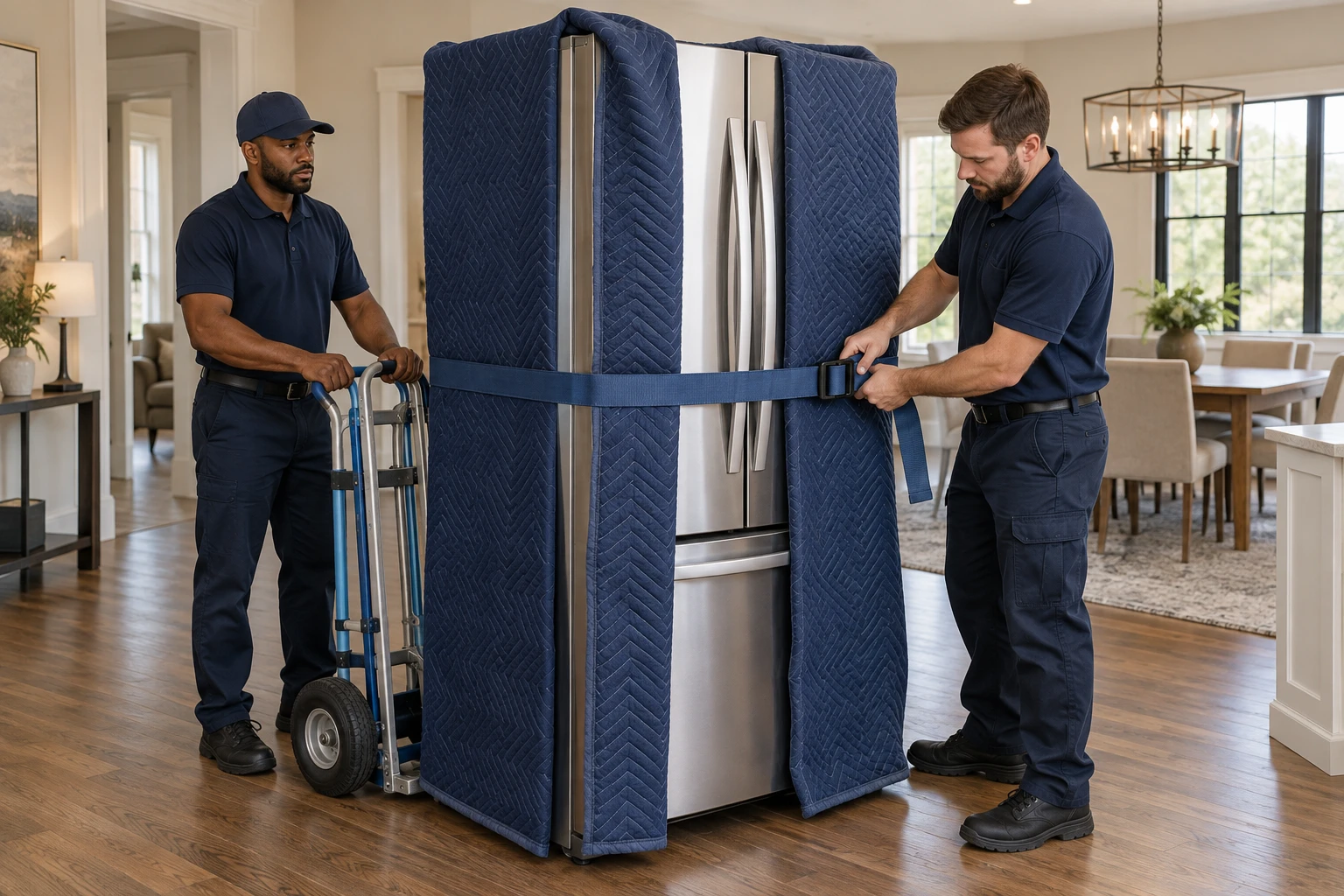 Movers securing protective blankets around an upright refrigerator.
