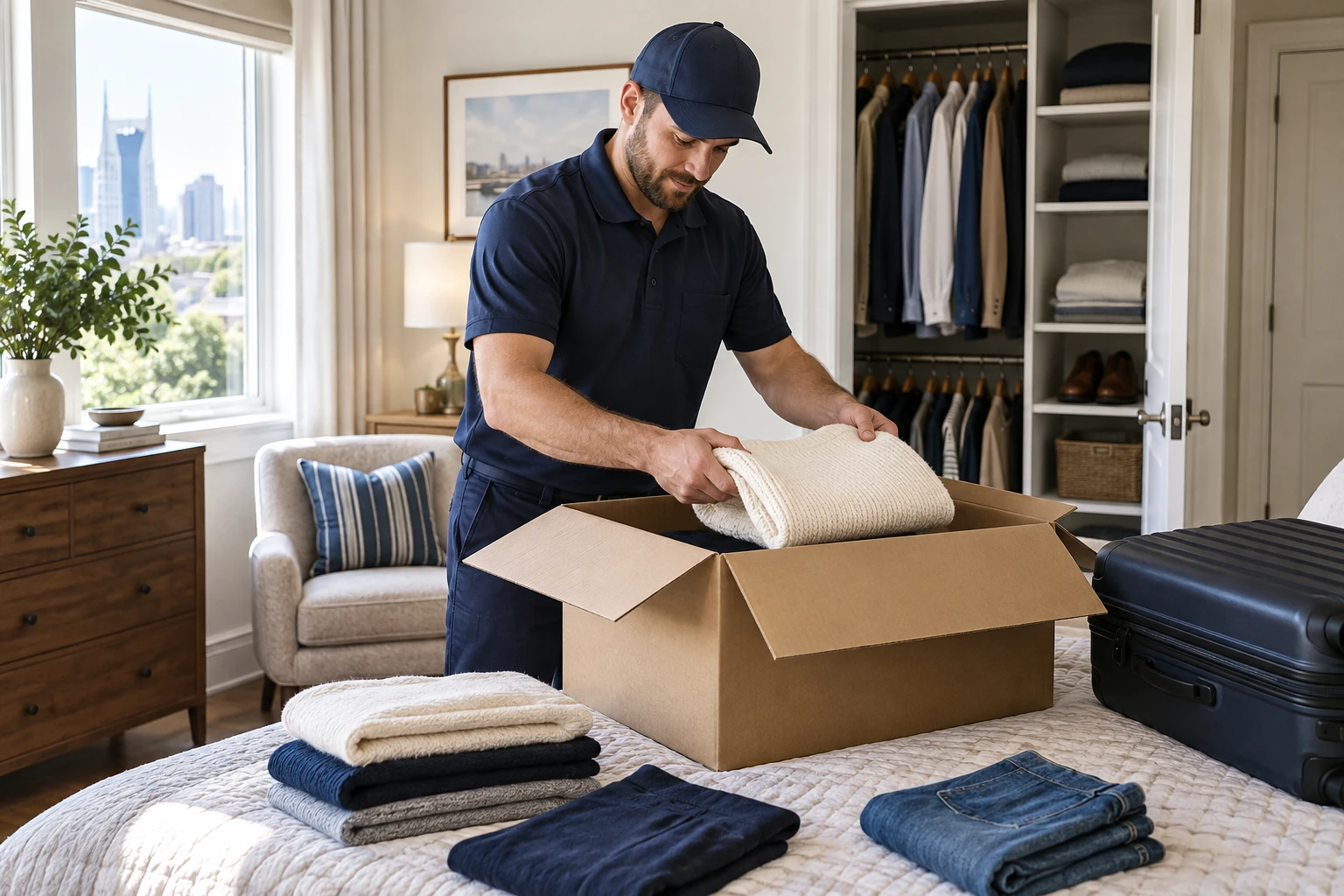 A mover folding clothing into a packing box in a bedroom.