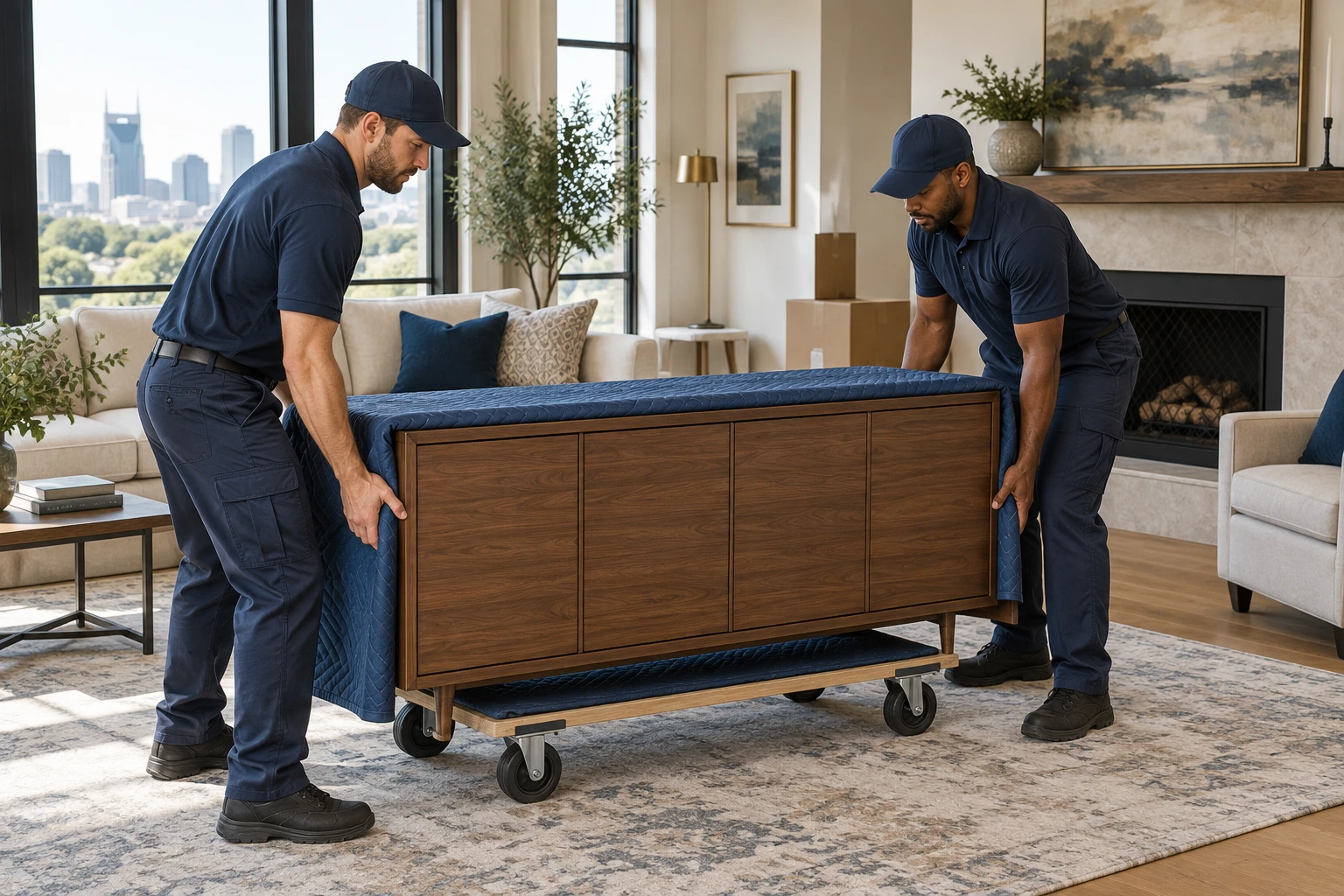 Two movers positioning a protected sideboard on a furniture dolly.