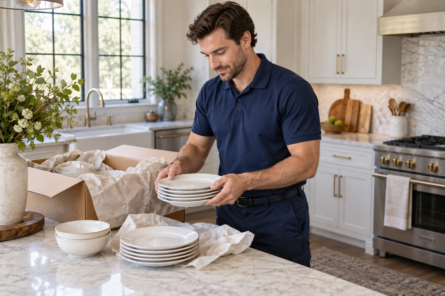 A mover unpacking carefully wrapped plates onto a kitchen counter.