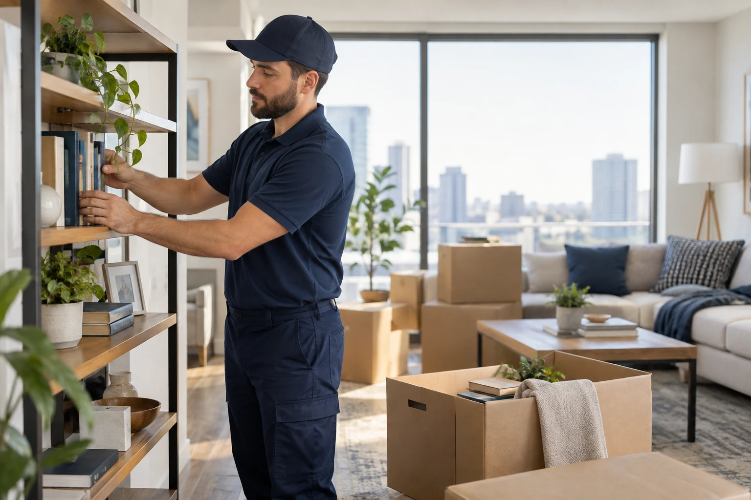 A mover arranging books on a shelf in a bright apartment.