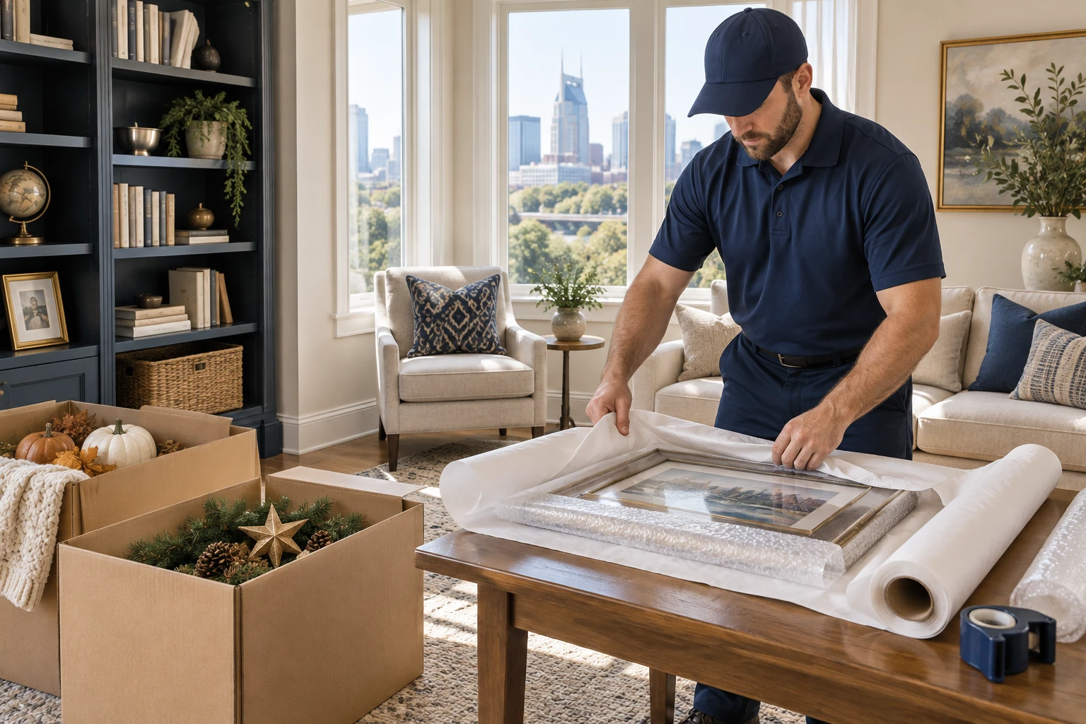 A mover wrapping a picture frame beside packed seasonal decorations.